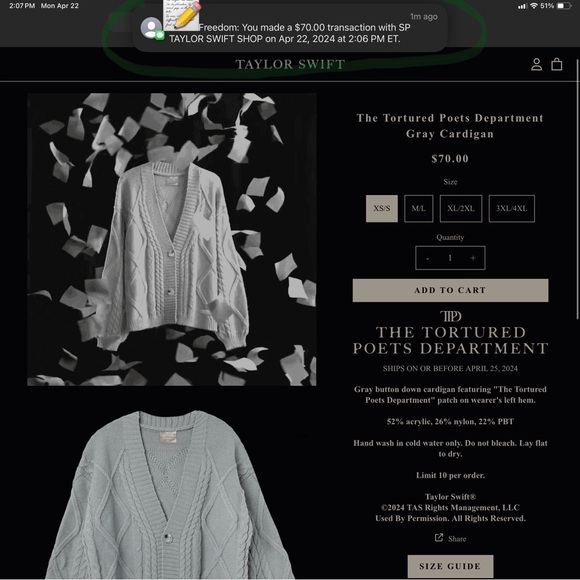 *Authentic* BNIB Taylor Swift Tortured Poets Department TTPD Gray Cardigan XS/SM - Picture 2 of 8
